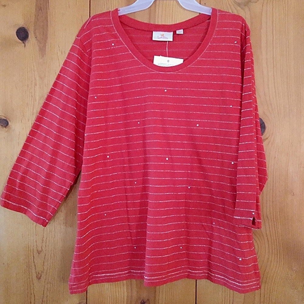 Quacker Factory 3/4 Sleeve Top w/Gold Metallic Stripes and Sequins